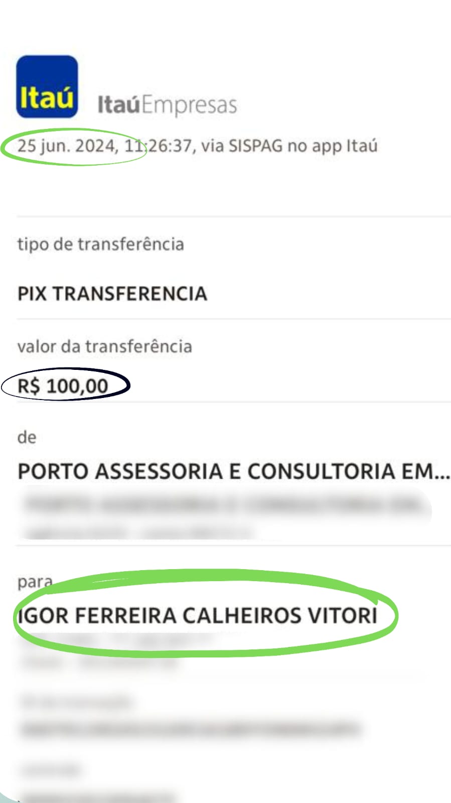 Imagem de um comprovante de pagamento por pix