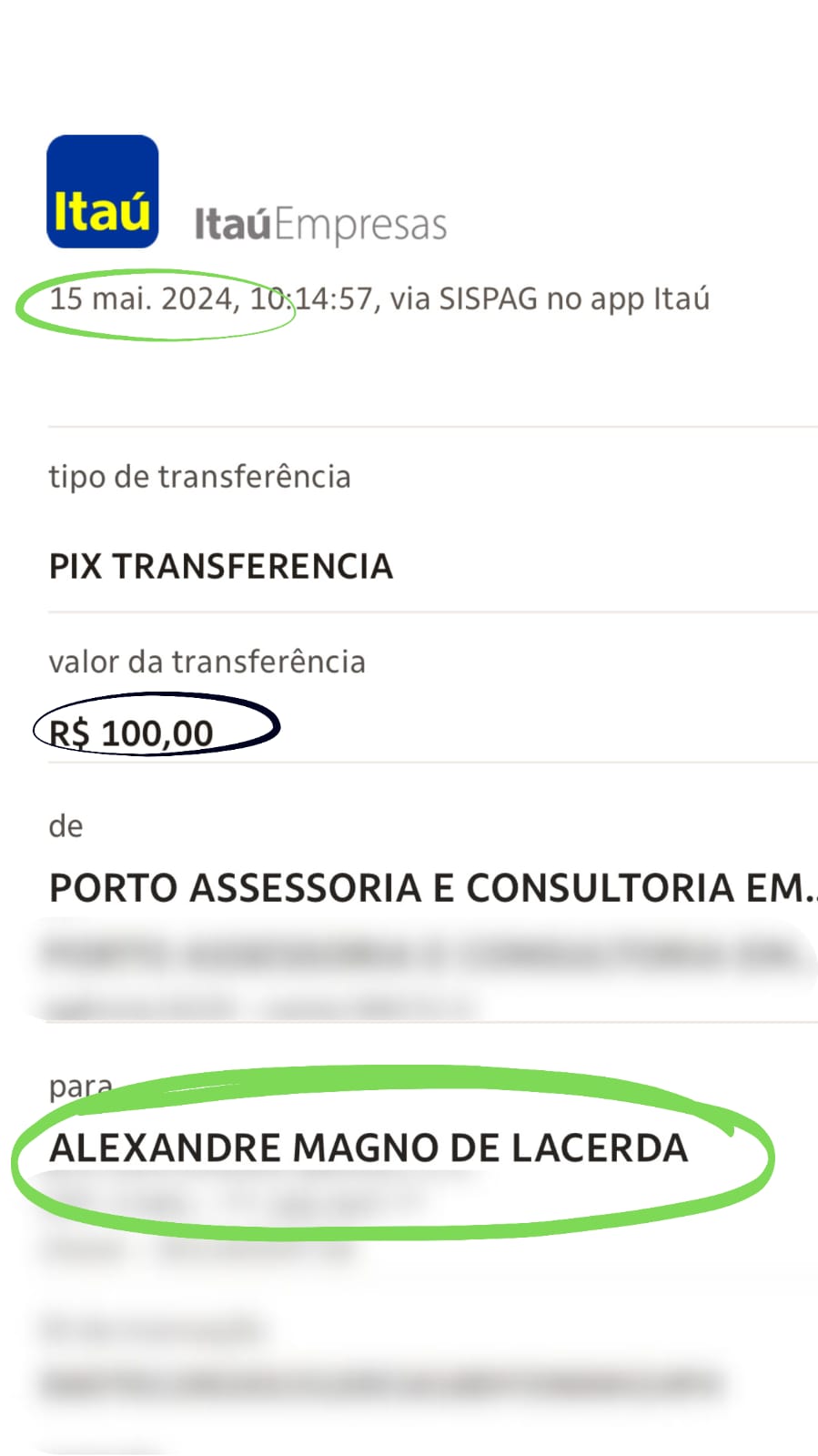 Imagem de um comprovante de pagamento por pix